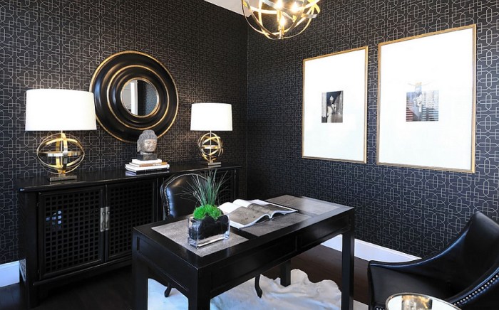 Black white gold office decor