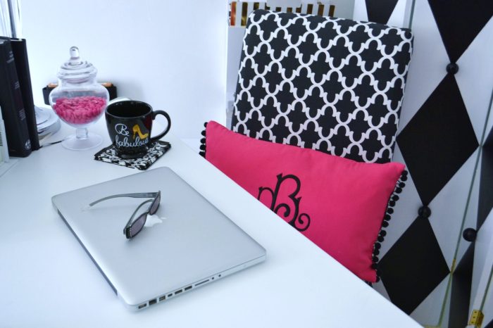 Black white and pink office decor